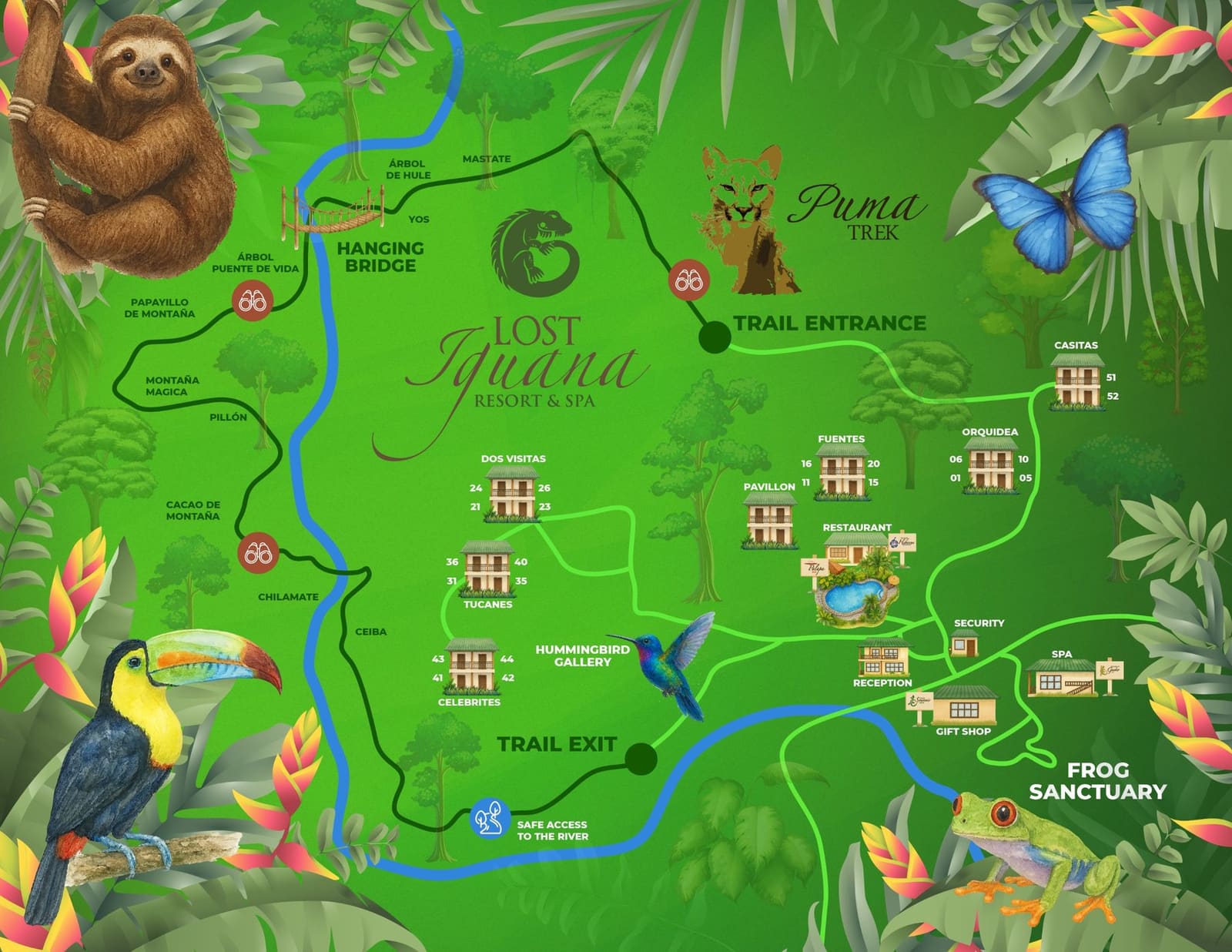 Mapa ilustrado de Lost Iguana con el sendero, el río, las habitaciones y el spa